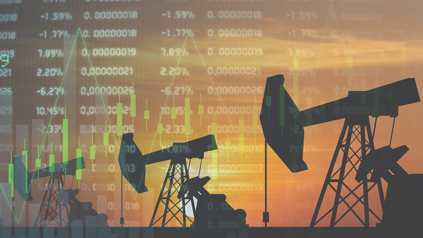 graphs and numbers overlayed on a photo of oil rigs