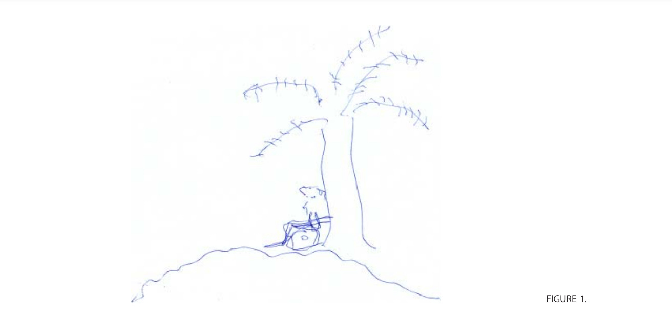 blue line drawing with a person seated in a wheelchair beneath a tree