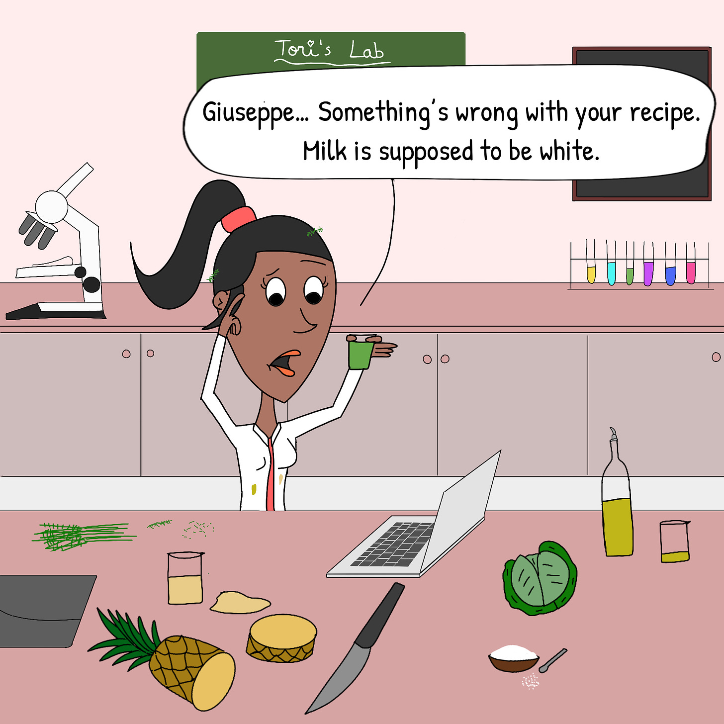 Panel 5: Tori has tried to follow Giuseppe's recipe and used all the right ingredients. Somehow, she ended up with green milk. Tori looks confused and tells Giuseppe: "Giuseppe... Something's wrong with your recipe. Milk is supposed to be white."