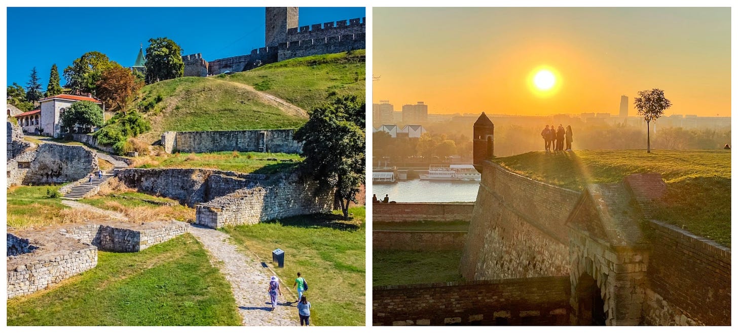 Two photos of Kalemegdan Park, including one at sunset on the right. The left shows hills and stone walls.