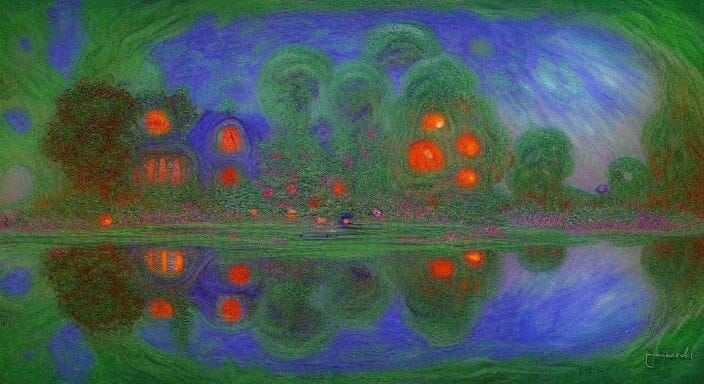 AI-generated image based on prompt: Fantasy cottage in an otherworldly forest on an alien planet by Claude Monet