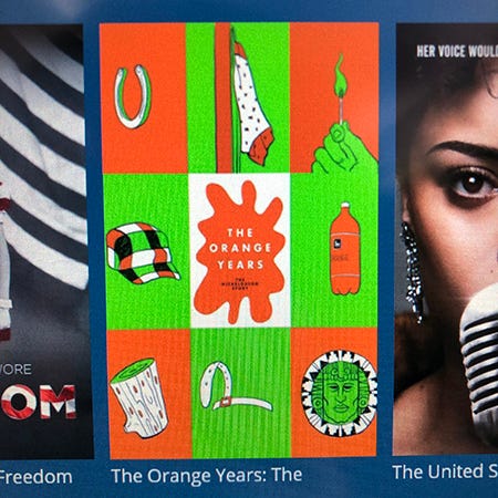 A shitty photo of the thumbnail image for “The Orange Years” documentary about Nickelodeon as seen on the touch screen monitor in the back of the seat in front me on a Delta airplane.