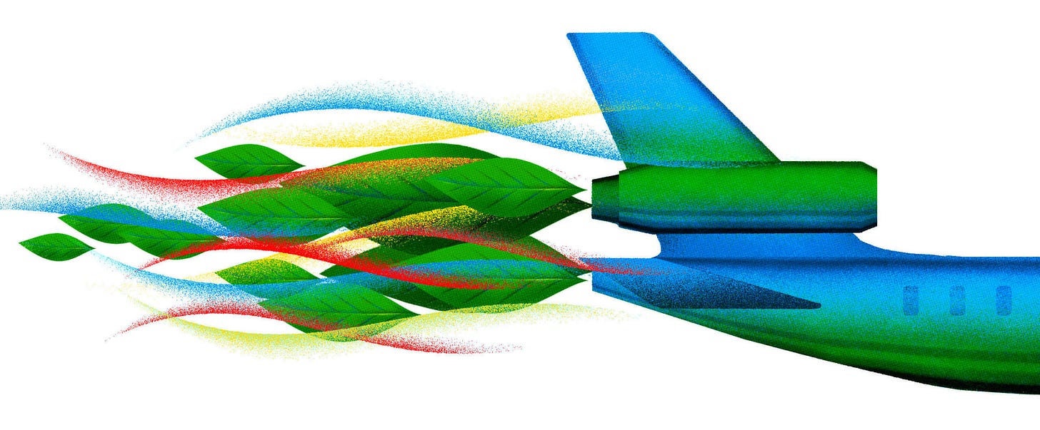 Illustration of airplane with leaves as chemtrails