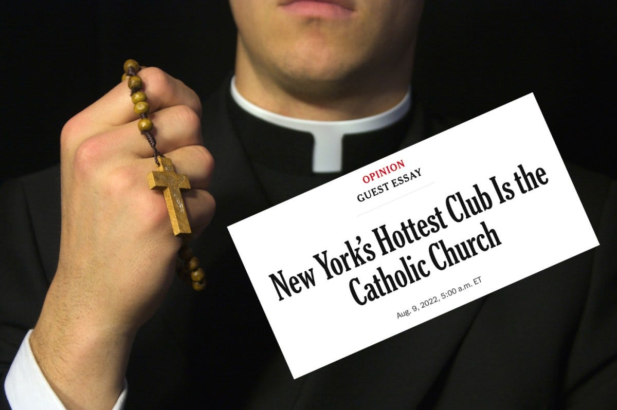 Stop treating the Catholic Church like it's 'New York’s hottest club' | A priest holds a rosary with the New York Times' headline superimposed on him