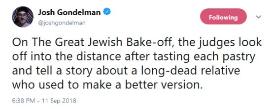 Funny tweet about The Great Jewish Bake-off