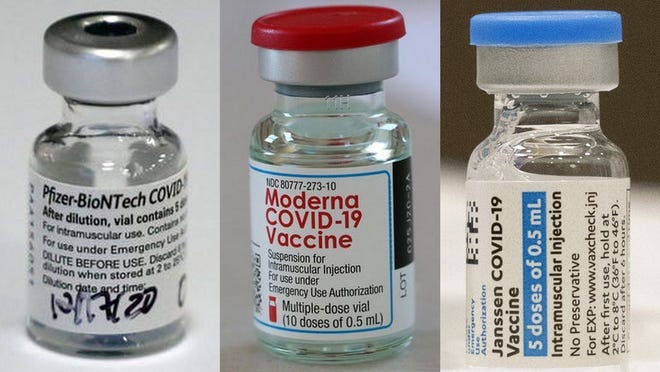 From left: The Pfizer-BioNTech vaccine, the Moderna vaccine and the Johnson & Johnson Jannsen vaccine.