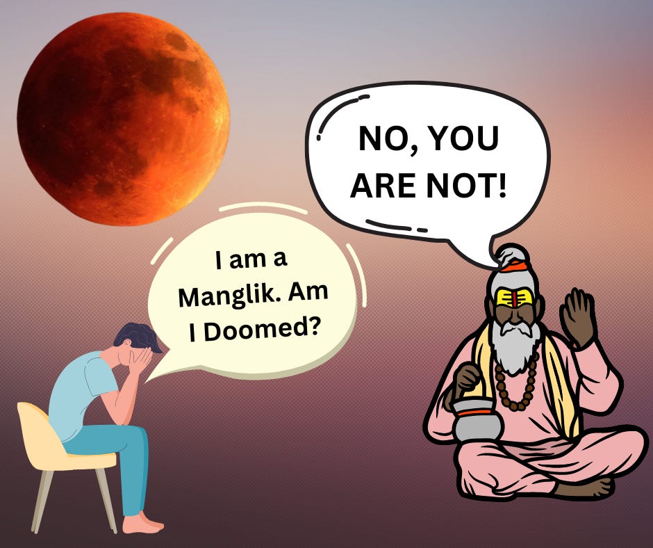 The image shows a dejected person sitting on a chair saying - I am a Manglik. Am I doomed? Adjacent is a saint / seer says - NO, You are Not. The image is part of the article titled "I am Manglik. Am I Doomed? Is this a curse?" authored by Anish Prasad and published at https://rationalastro.org