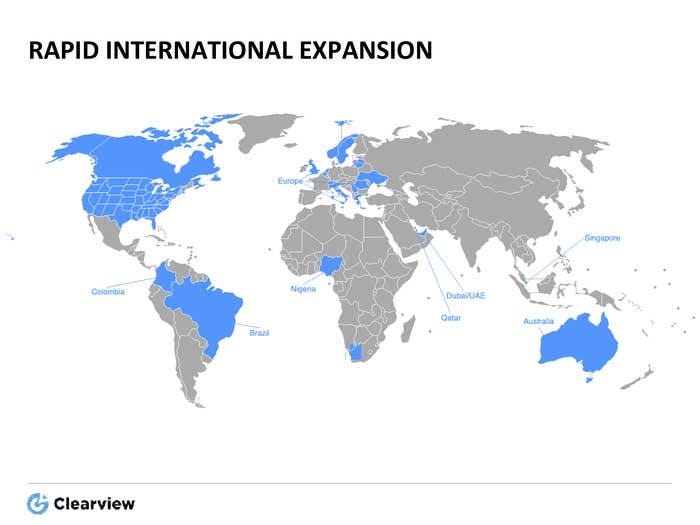 Map highlighting countries Clearview included in its “rapid international expansion” plan to prospective clients. 