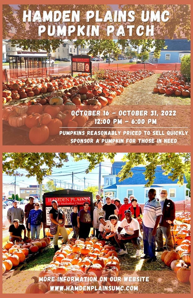 May be an image of 12 people, people standing, outdoors and text that says 'HAMDEN PLAINS UMC PUMPKIN PATCH OCTOBER 16 OCTOBER 31, 2022 12:00 PM 6:00 PM PUMPKINS REASONABLY PRICED TO SELL QUICKLY SPONSOR PUMPKIN FOR THOSE IN NEED MORE INFORMATION NFOR ON OUR WEBSITE WWW.HAMDENPLAINSUMC.COM'