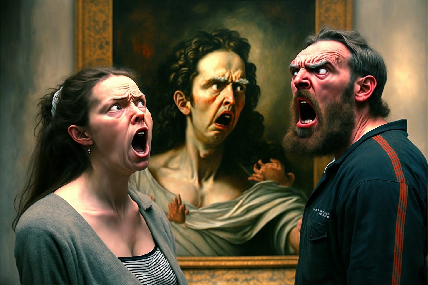 An AI-generated image of two people standing in front of an artwork in a gallery, yelling at each other with ridiculously over the top angry expressions on their faces.