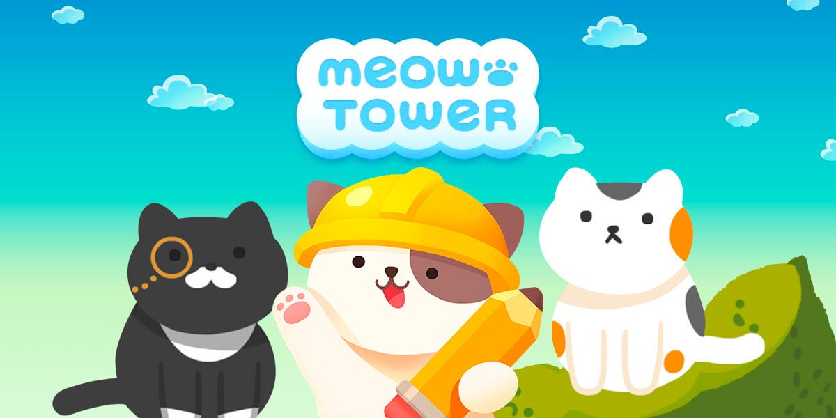 Arte de Meow Tower: Nonogram. Ao fundo, um céu azul com nuvens e um morro verde. No topo, o logo do jogo. Na frente, três gatinhos: um preto com bigode e monóculo, um branco com um chapéu de engenheiro e um lápis e a direita, um gatinho malhado.