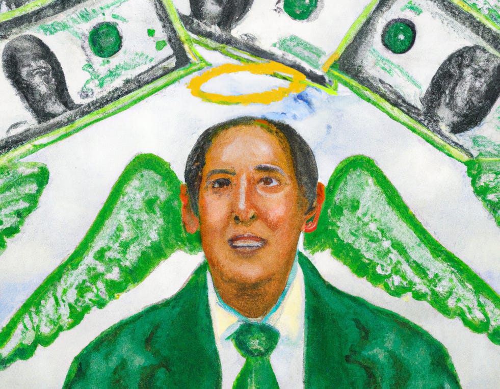 Businessman with an angel halo, looking up at a sky full of money