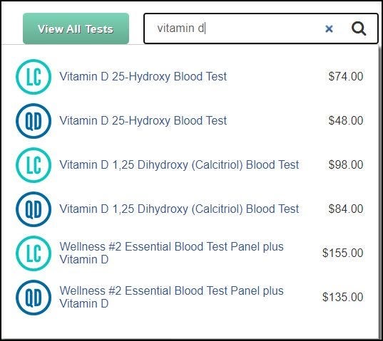 A screenshot of results for the search query vitamin D. There are sux results have several amounts, from $48.00 minimum to $155.00 maximum. The cheapest option is the Vitamin D 25-Hydroxy Blood Test. The most expensive is Wellness #2 Essential Blood test Panel plus Vitamin D.