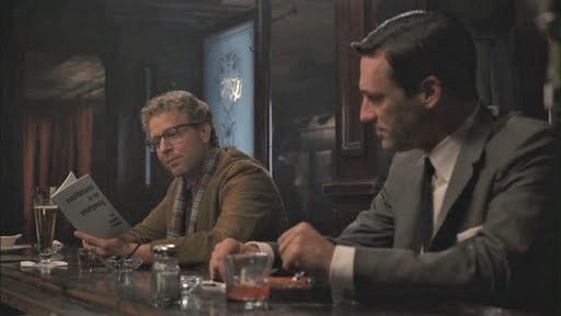 Don Draper sees a stranger reading Frank O'Hara's Meditations in an Emergency poetry collection in a bar on Mad Men