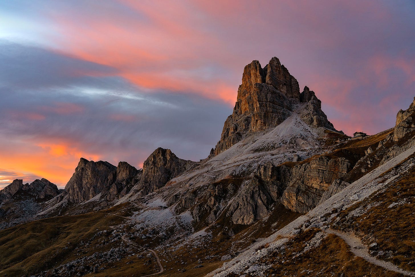 Sunset in the Dolomites, with Rifugio Averau in the background