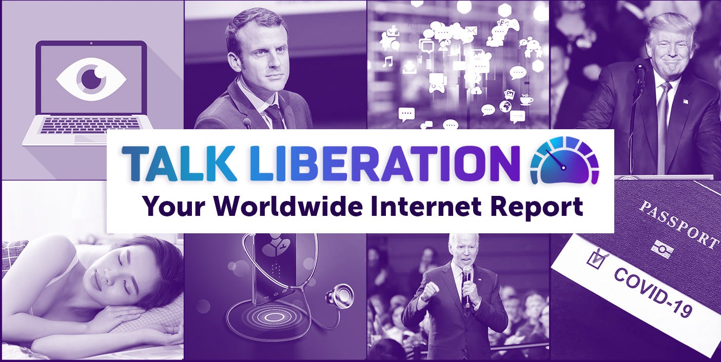 Image: Talk Liberation title card. Color: Purple. Direction: Left to Right. Talk Liberation: Your Worldwide Internet Report.