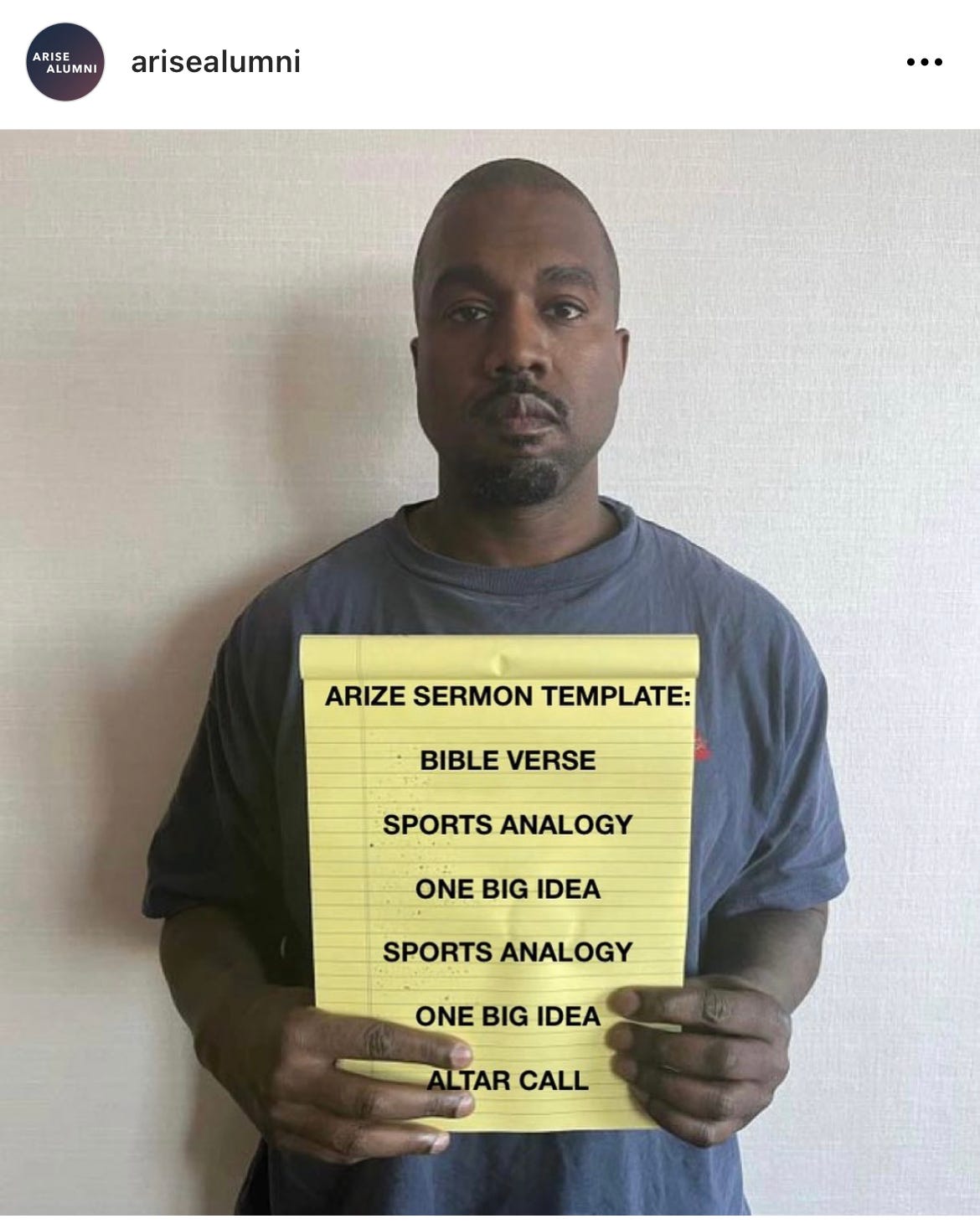 Kanye West holding up an Arise sermon template: "Bible Verse / Sports Analogy / One big idea / Sports analogy"