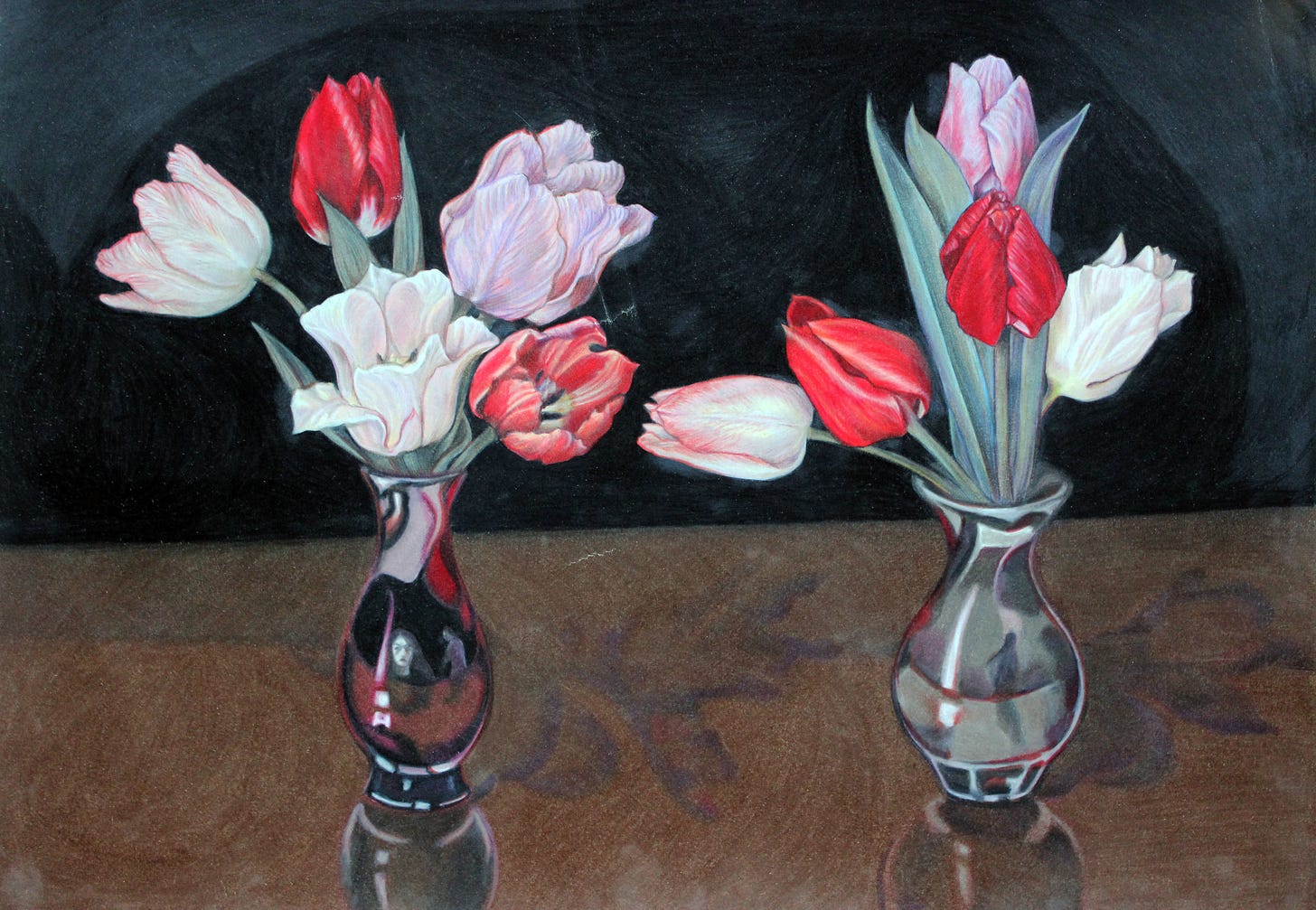 colored pencil drawing of two vases of tulips
