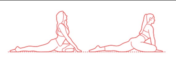 Start off facing forward with your legs out behind you. You should be holding your chest up with your arms (this is upward dog). Bring one leg at a time forward and tuck it to the opposite side. The sole of your foot should be at right angles with the length of your body. Lean your head and chest forwards to feel a stretch in your hip. Repeat on the other side.