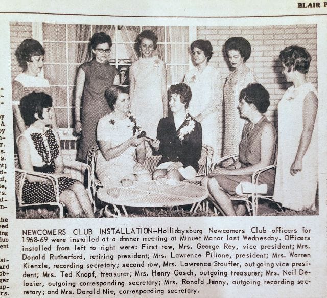Photo of my Grandma Pat (front row, far left) in a newspaper clipping wherein she and all of the other women are only referred to by their husbands names. Ugh, patriarchy. 