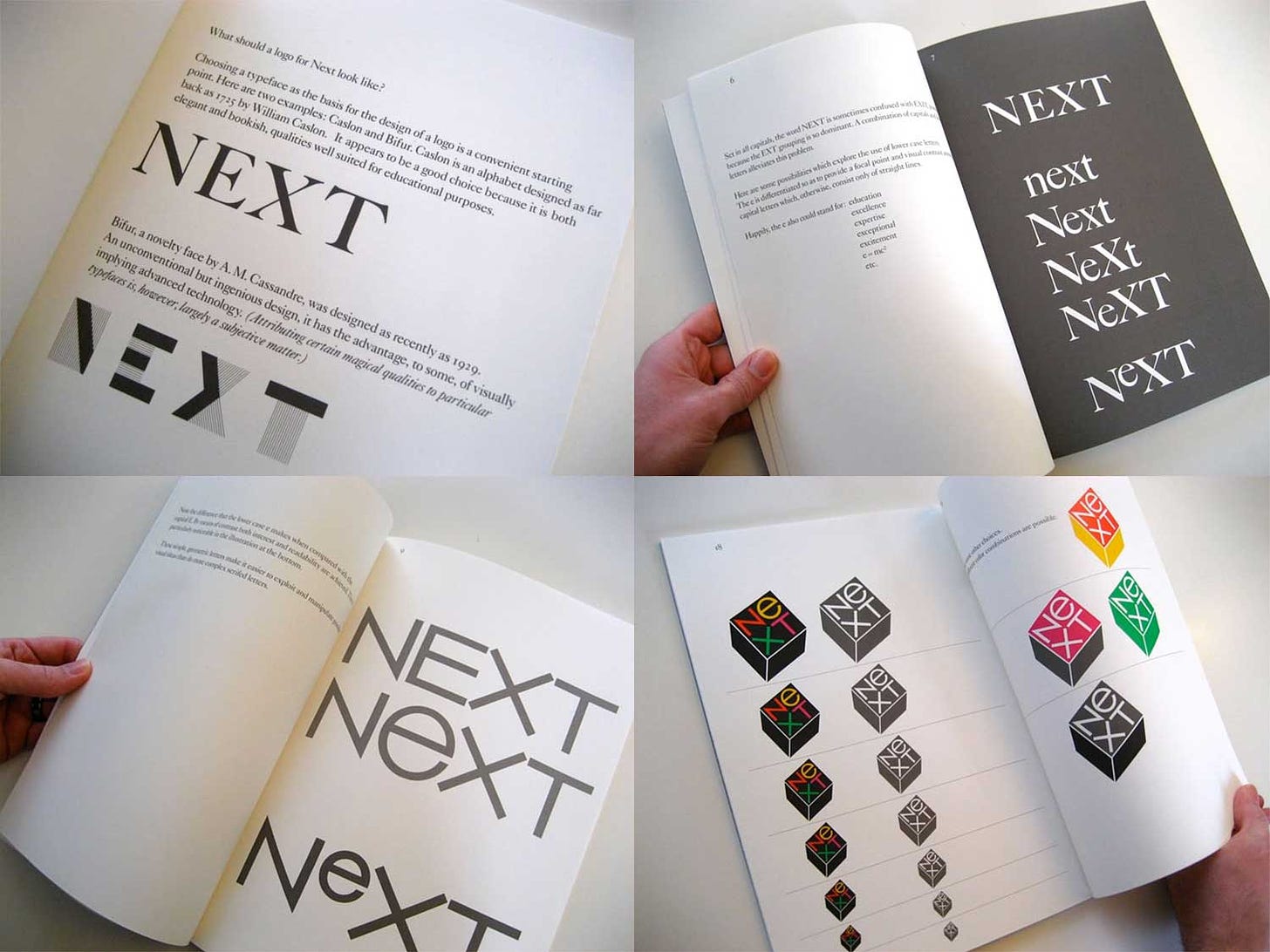 Four spreads from the NeXT logo booklet delivered to Steve Jobs showing different configurations of text and the logo at various sizes, in color and in black & white.