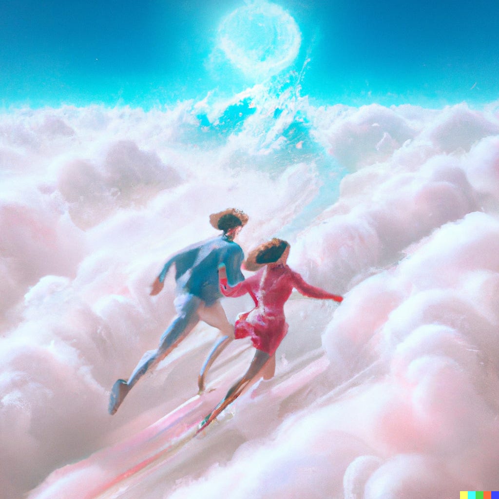 Vaporwave portrait of runners on top of clouds, by DALL-E