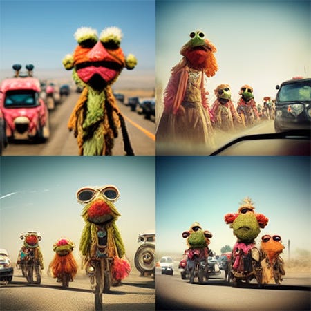 An image generated by the AI Midjourney with the prompt "/imagine the muppets stuck in traffic on their way to burning man"