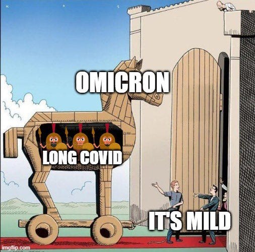 cartoon drawing of a trojan horse labeled omicron over the horse head with the people inside labeled long covid and there are men at the gate with the door open welcoming it all in saying it's mild