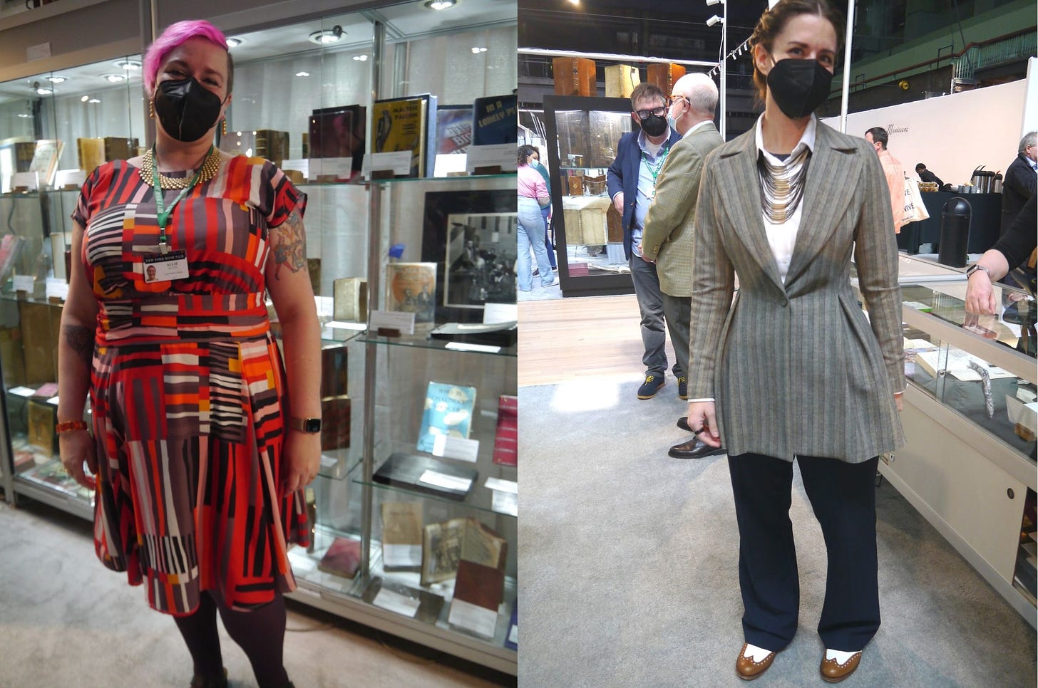 on Left: Allie stands in front of book display; she has bright pink hair, a red patchwork dress. Right: Rebecca Romney stands in grey jacket and black pants and two toned oxfords