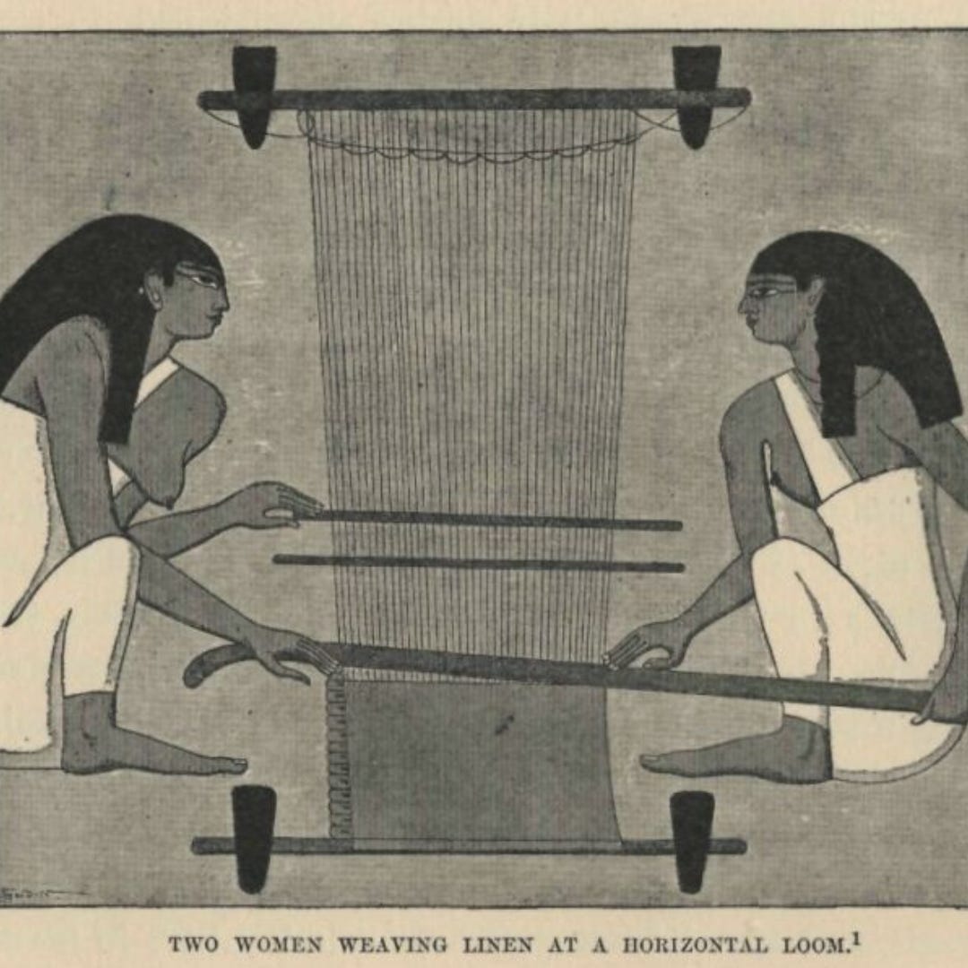 A depiction of two Egyptian women working a loom. One woman is on each side of the loom; they appear to be working in a coordinated way with one another. They are also smiling.