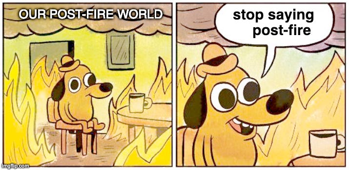 The 2 panel this is fine dog cartoon, the first panel the dog is sitting in the burning room with flames all around and the caption reads our post-fire world, the second panel is a close up of the dog and in the speech bubble the dog is saying stop saying post-fire