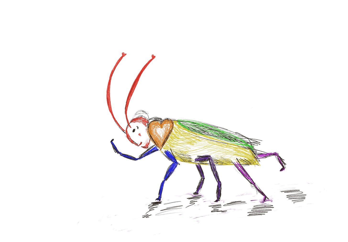 A digital drawing of a friendly looking cockroach in rainbow colours. 