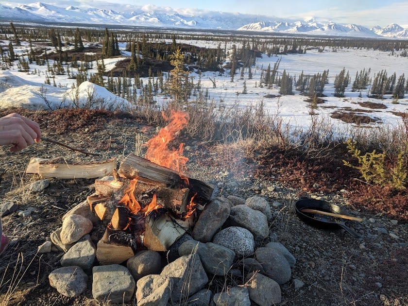 a campfire in front of a mountain range