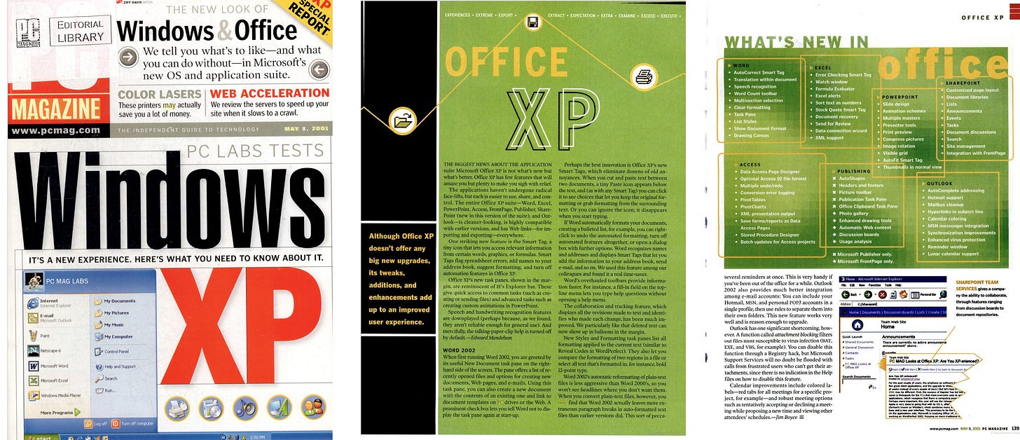 Cover of PC Mag saying "Windows XP" and from the inside two pages detailing features of Office XP concluding there is much to like.