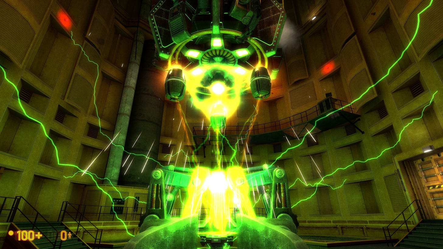 a large concrete room with a green beam firing downwards within a scientific apparatus in the middle of the image, from which jets of green lightning are shooting across the room