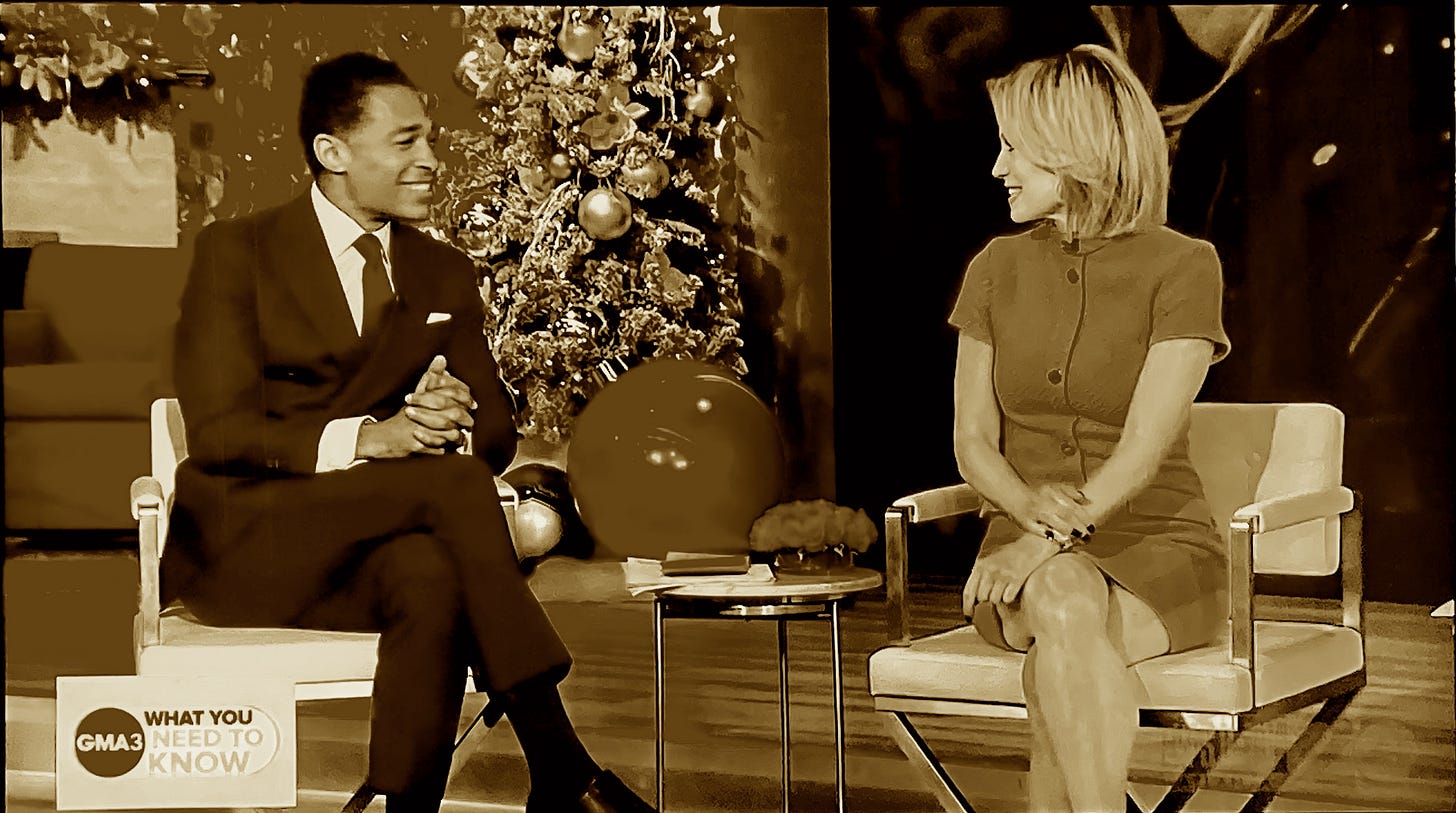 GMA co-hosts T.J. Holmes & Amy Robach. Screenshot with sepia tone by author.