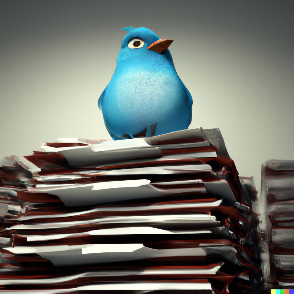 “blue bird sitting on top of a giant stack of documents, digital art,” as interpreted by OpenAI’s DALL-E