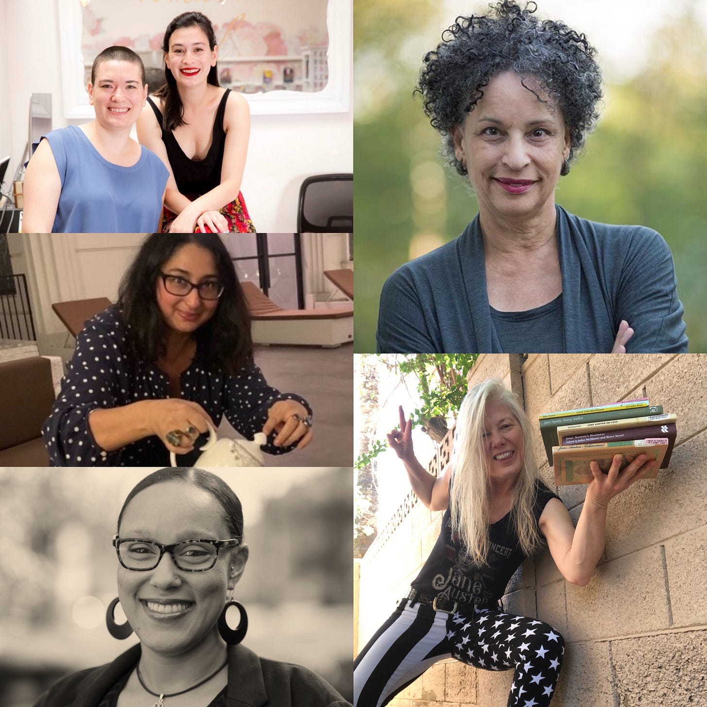 The faces and voices of the Austen Connection podcast: Clockwise from top left, we spoke with sisters Bea and Leah Koch of The Ripped Bodice bookstore; author and broadcaster Gretchen Gerzina; rofessor and author Devoney Looser; professor and “Race and the Regency” co-host Danielle Christmas; and ‘Unmarriageable’ author Soniah Kamal. The faces and voices of the Austen Connection podcast: Clockwise from top left, we spoke with sisters Bea and Leah Koch of The Ripped Bodice bookstore; author and broadcaster Gretchen Gerzina; rofessor and author Devoney Looser; professor and “Race and the Regency” co-host Danielle Christmas; and ‘Unmarriageable’ author Soniah Kamal.
