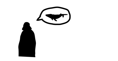 Silhouette of darth vader, seen from behind. Cartoon speech bubble from Vader has a whale in it.