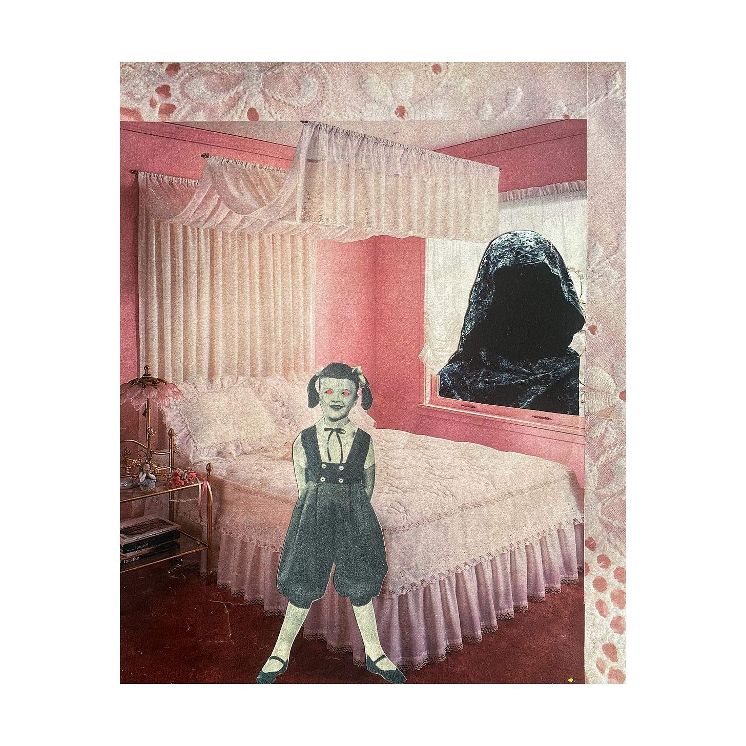 Collage of a red-eyed girl in a pink bedroom