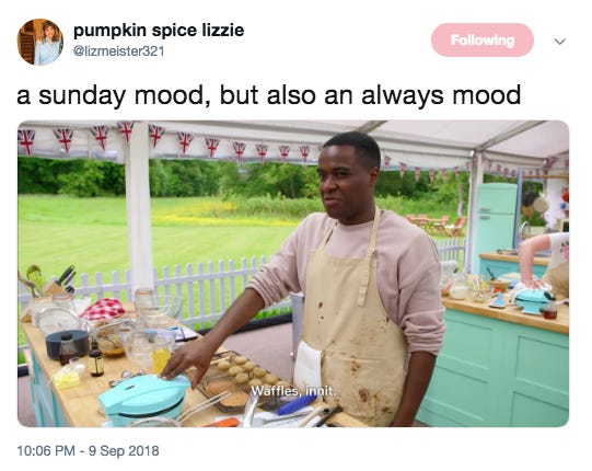 Funny tweet about great British bake off and waffle
