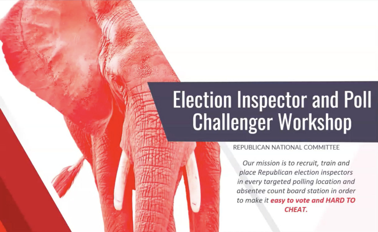 An intro slide titled &quot;Election Inspector and Poll Challenger Workshop.&quot; 