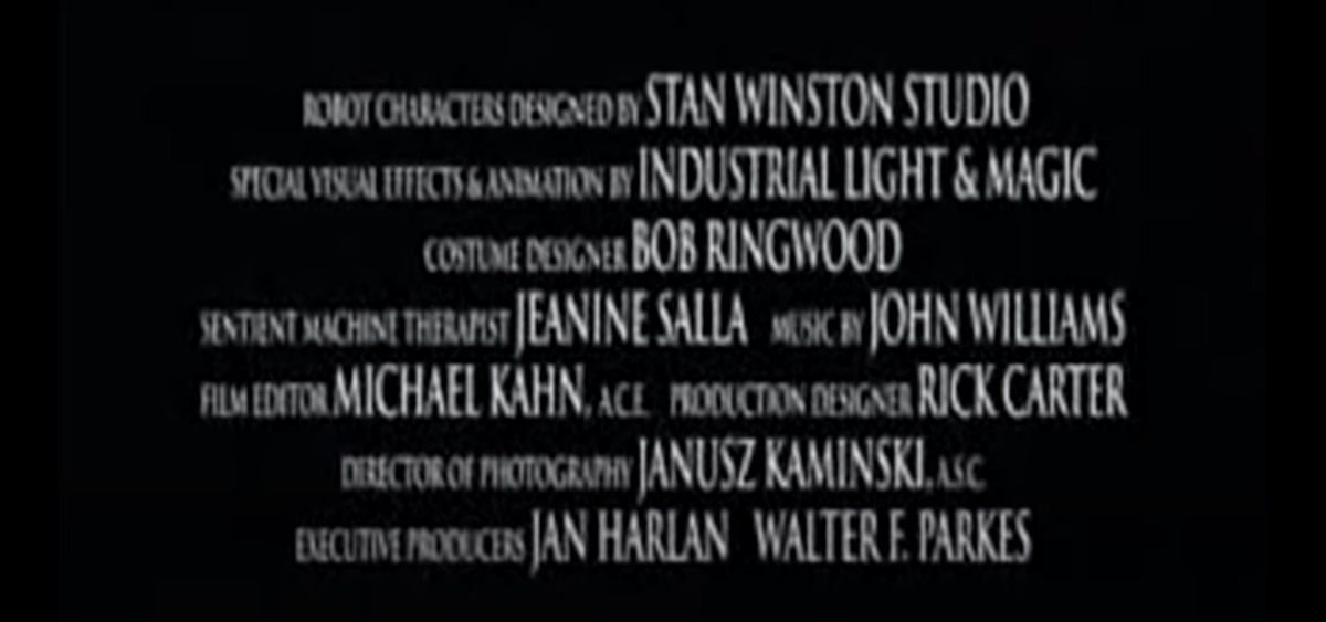 Credits from the A.I. trailer, including the line "SENTIENT MACHINE THERAPIST Jeanine Salla."