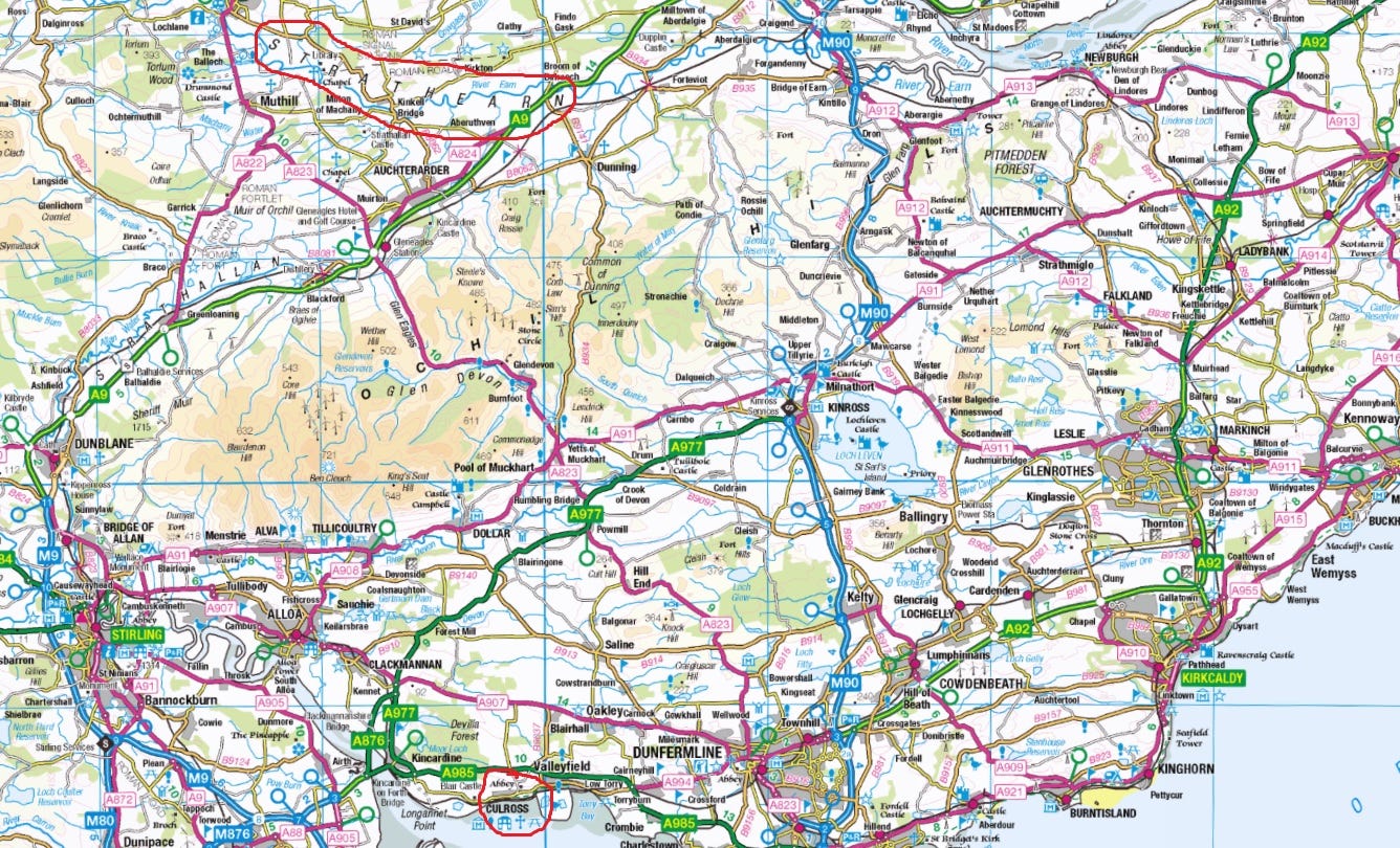 Map of the possible early medieval ‘regional unit’ of Strathearn in Central Scotland, with Strathearn proper circled in red at the top, and Culross circled in red at the bottom