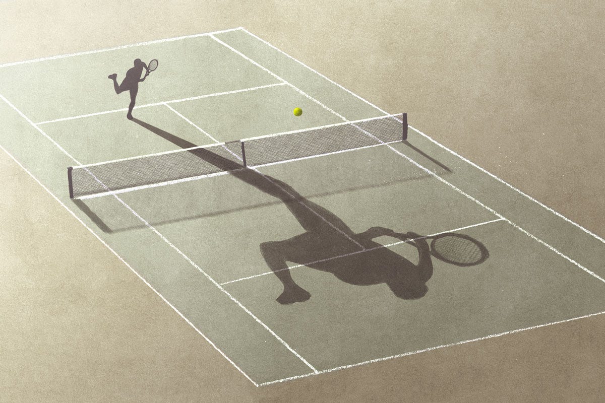 Behind the Scenes: Is It Logical or Reasonable; Tennis Player Competing with His Shadow