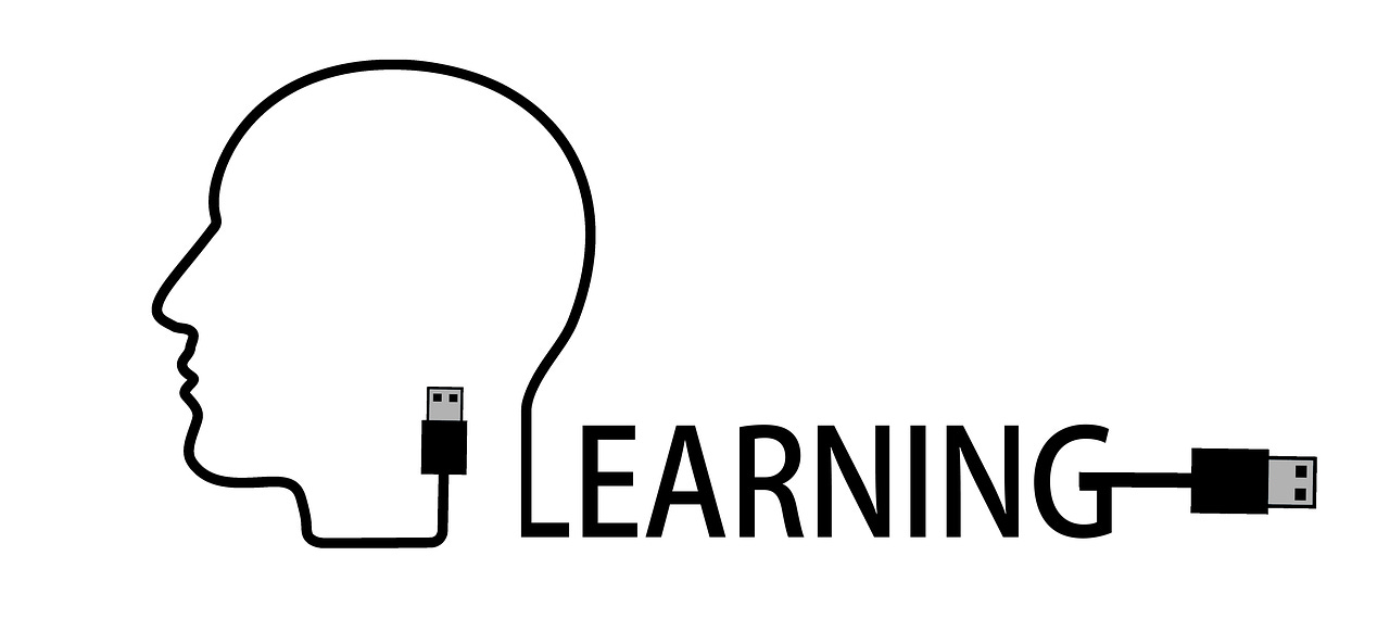 line drawing of head in profile made from usb cord, cord spells "Learning" behind head
