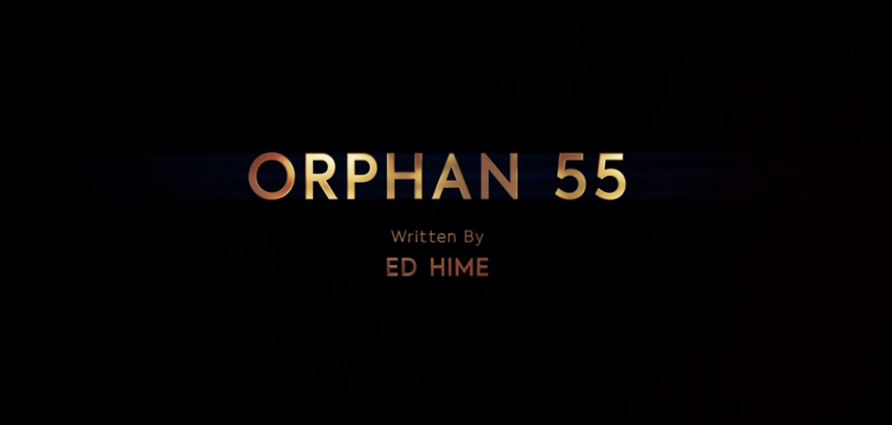 This image shows the title card of "Orphan 55" (Doctor Who Series 12's third episode) and writer Ed Hime's official, onscreen writing credit.