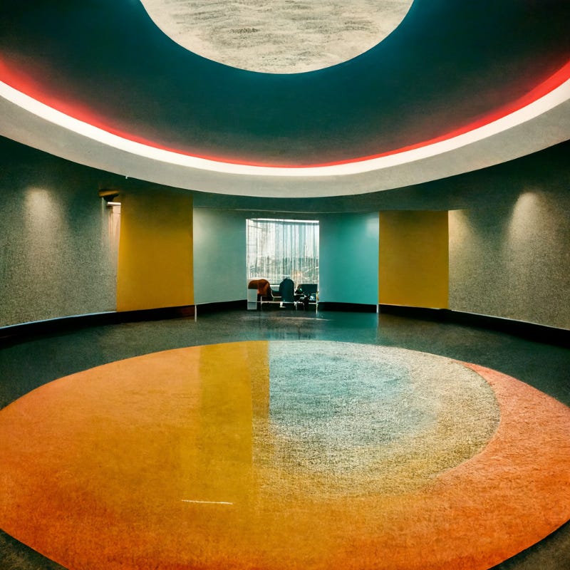 A huge modernist circular room, maybe a lobby, with a reflective orange circle on the floor, with a teal outer ring. Some office chairs look out a window on the far edge. orange and white ring-lighting circles the outer edge of the ceiling. Blue and yellow wall panels surround the window. It’s a space devoid of people or life.