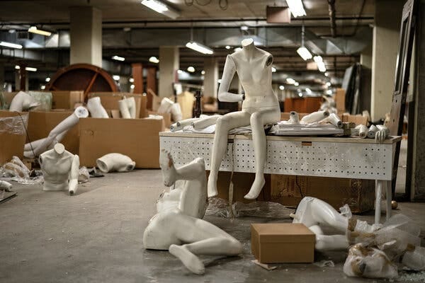 Mannequins at an old Brooks Brothers warehouse in Enfield, Conn.