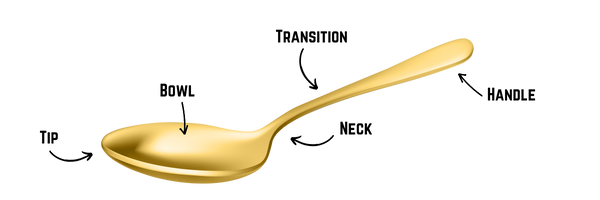A three-quarter side view of a gold spoon with indicators on the parts of the spoon, from left: Tip, Bowl, Neck, Transition, Handle.